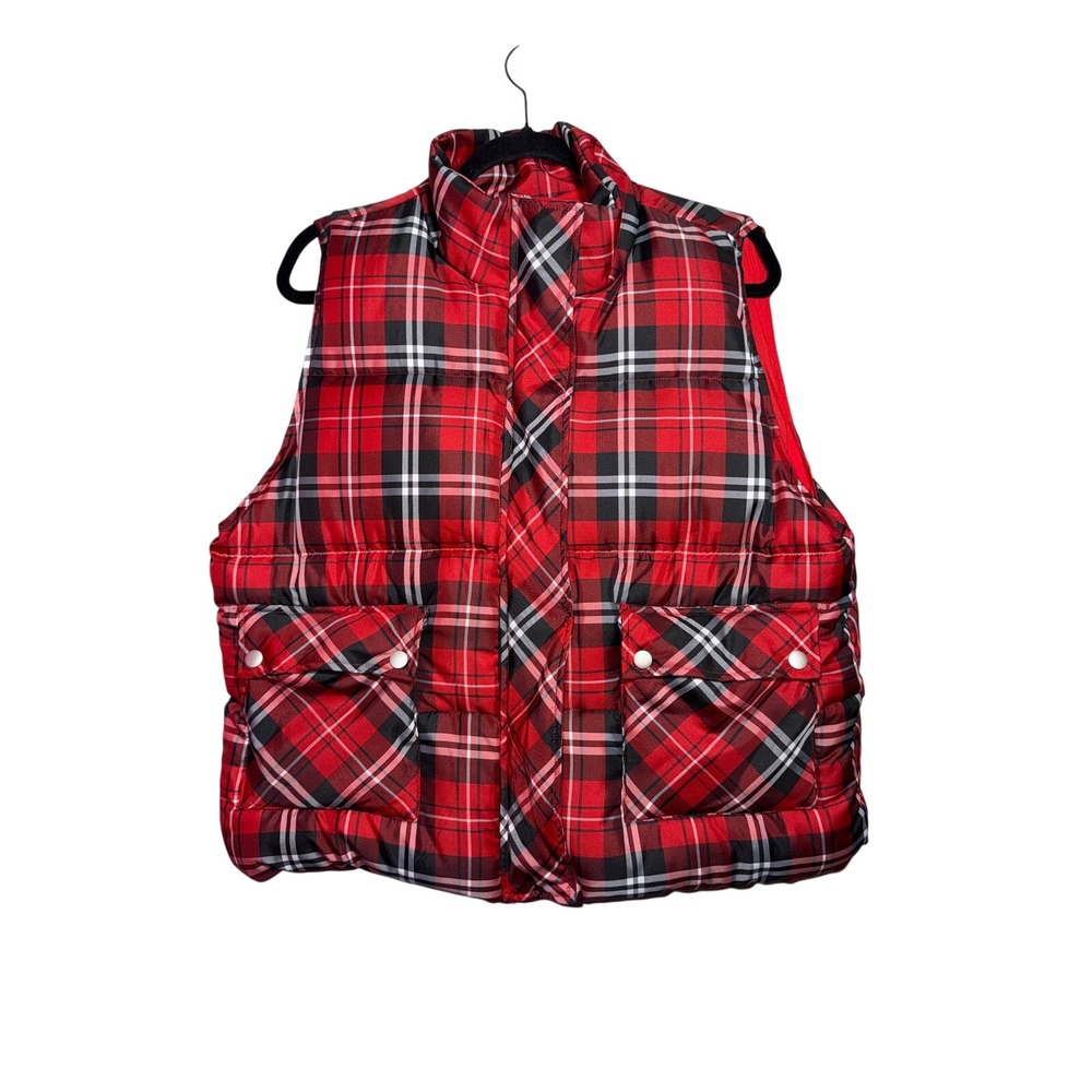 Jodifl Plaid Puffer Vest Red Black Snap Front Pockets Womens XL NWT